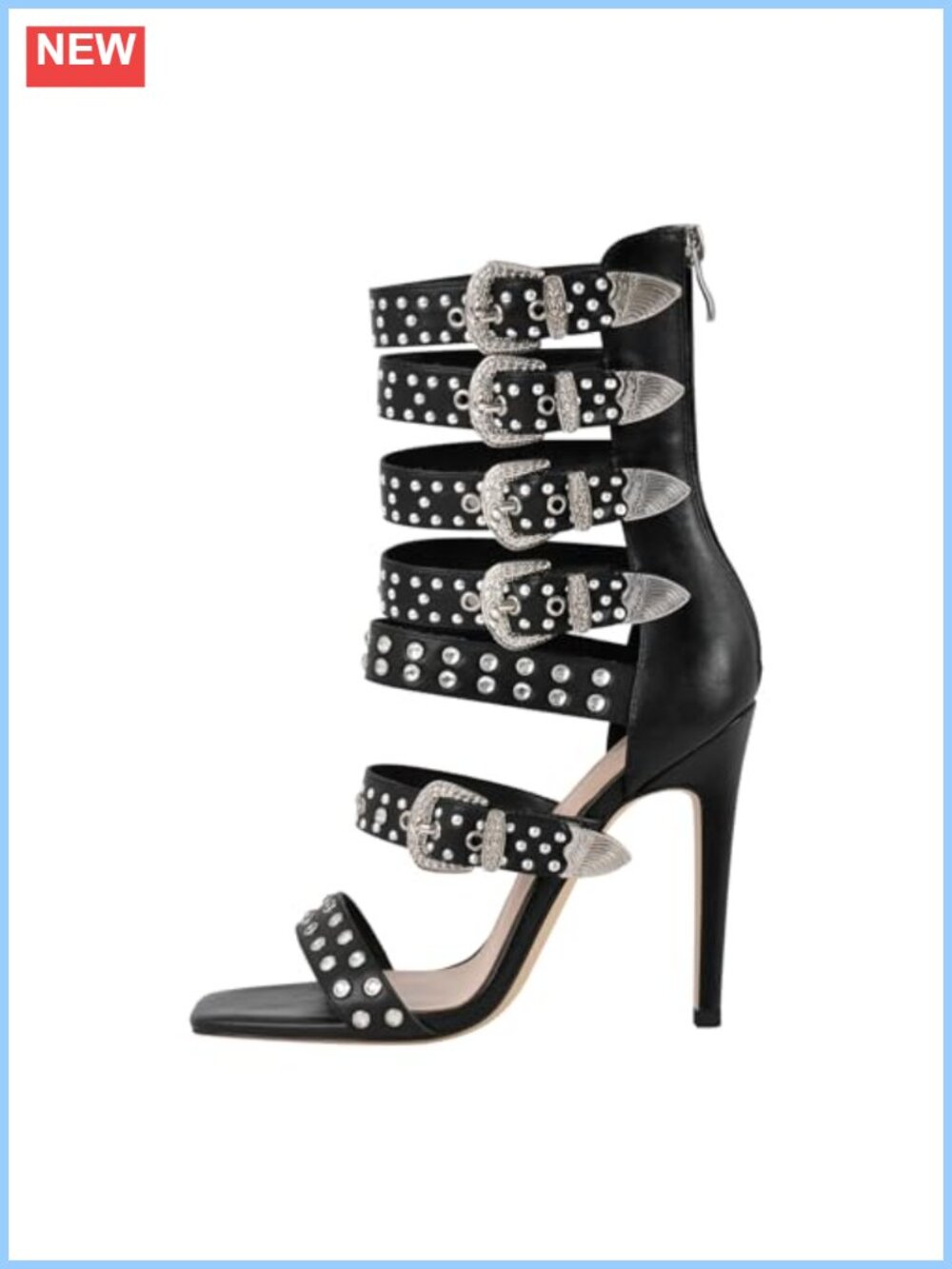 Square Toe Rhinestone Stiletto Heeled Sandal Boots with Backside Zipper